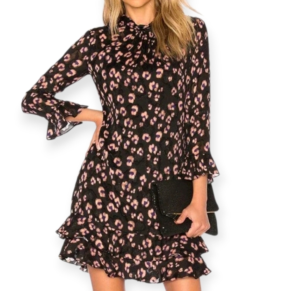 Rebecca Taylor Silk Blend Burnout Leopard Ruffle Mini Dress Size 0